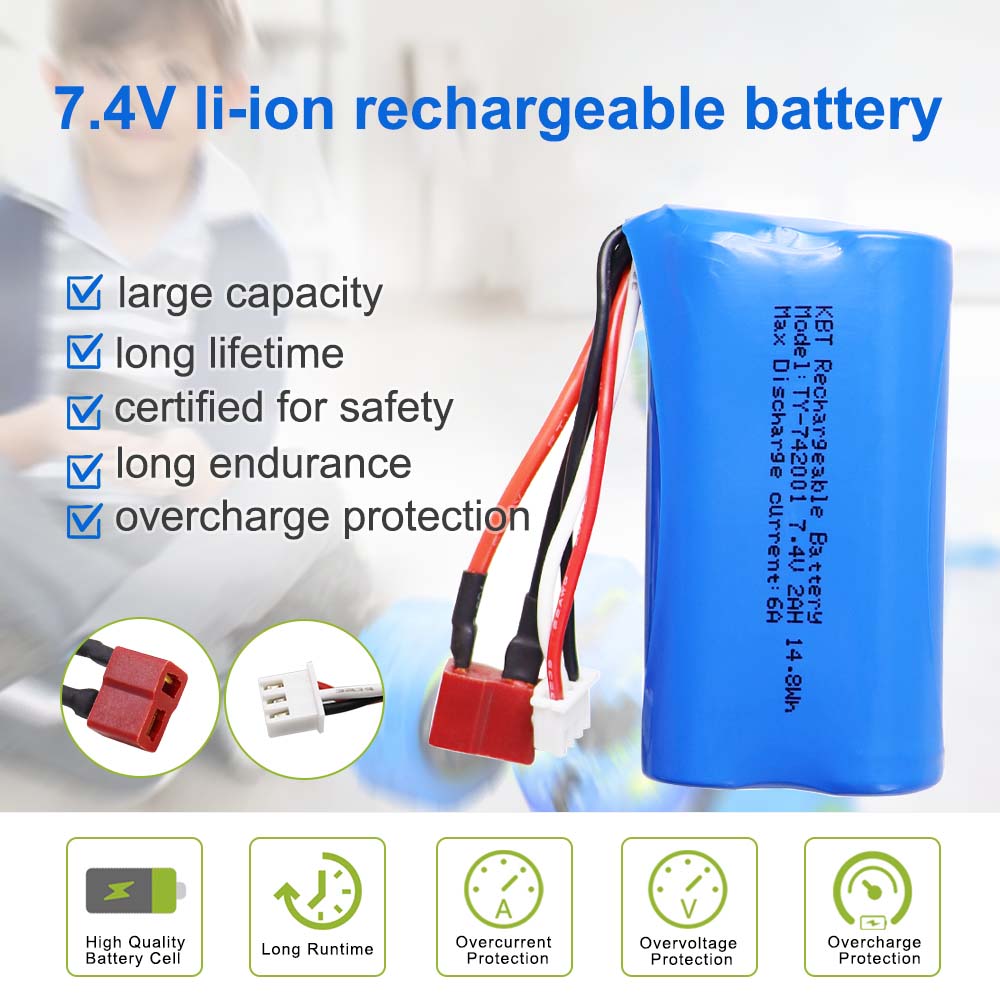 KBT 7.4V 2000mAh Li-ion Battery with T Plug and XH-3Pin Connector for RC Car Toys