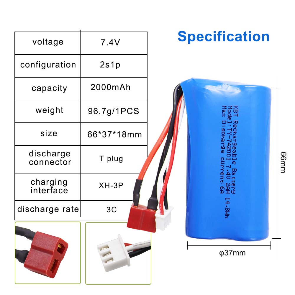 KBT 7.4V 2000mAh Li-ion Battery with T Plug and XH-3Pin Connector for RC Car Toys