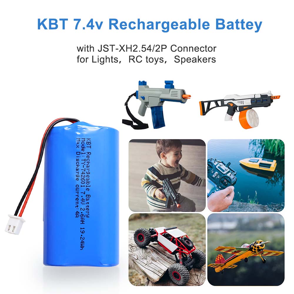 KBT 7.4V 2600mAh Li-ion Battery, JST 2Pin 2.54 Plug Connector for RC Car Toys