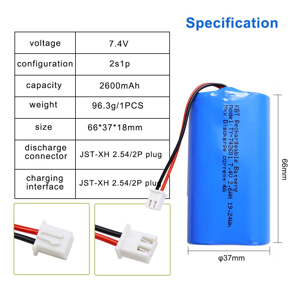 KBT 7.4V 2600mAh Li-ion Battery, JST 2Pin 2.54 Plug Connector for RC Car Toys