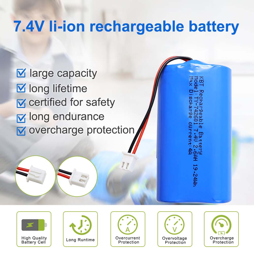 KBT 7.4V 2600mAh Li-ion Battery, JST 2Pin 2.54 Plug Connector for RC Car Toys