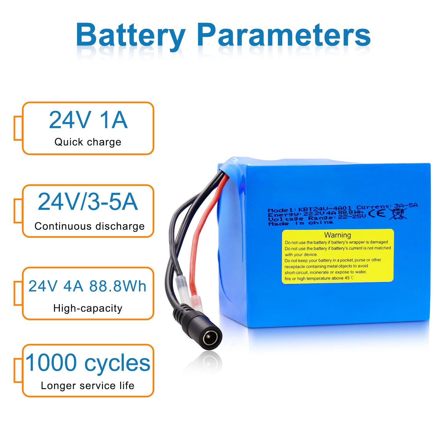 KBT 24V 4Ah Rechargeable Lithium Replacement Battery, with Charger, Charging Cable, Cable Connector for Kids Ride On Cars, Boom Box Speaker, DIY Project