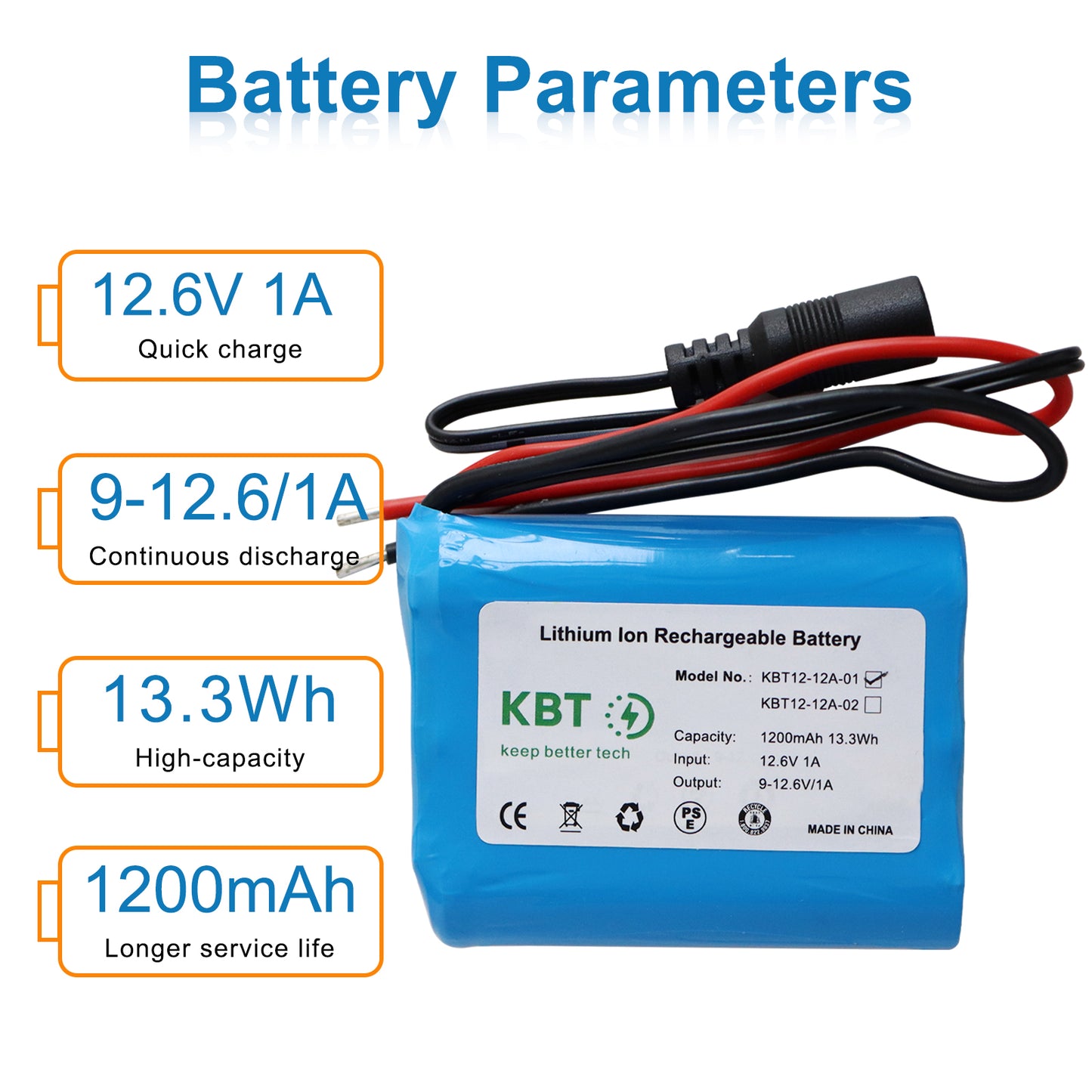 KBT 12V 1200mAh Rechargeable Li-ion Battery, Bare Leads Wire Replacement Battery Pack with Charger Compatible for 12V Devices RC Car, Boat, Robot, DIY, LED Light Kit