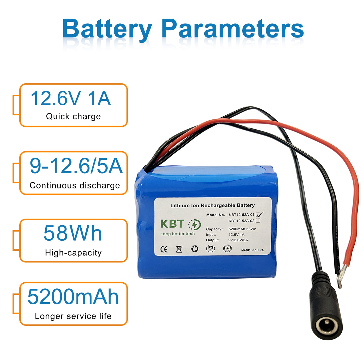 KBT 12V 5200mAh Rechargeable Li-ion Battery, Bare Leads Wire Replacement Battery Pack with Charger Compatible with 12V Devices RC Car, Boat, Robot, DIY, LED Light Strip, CCTV Camera