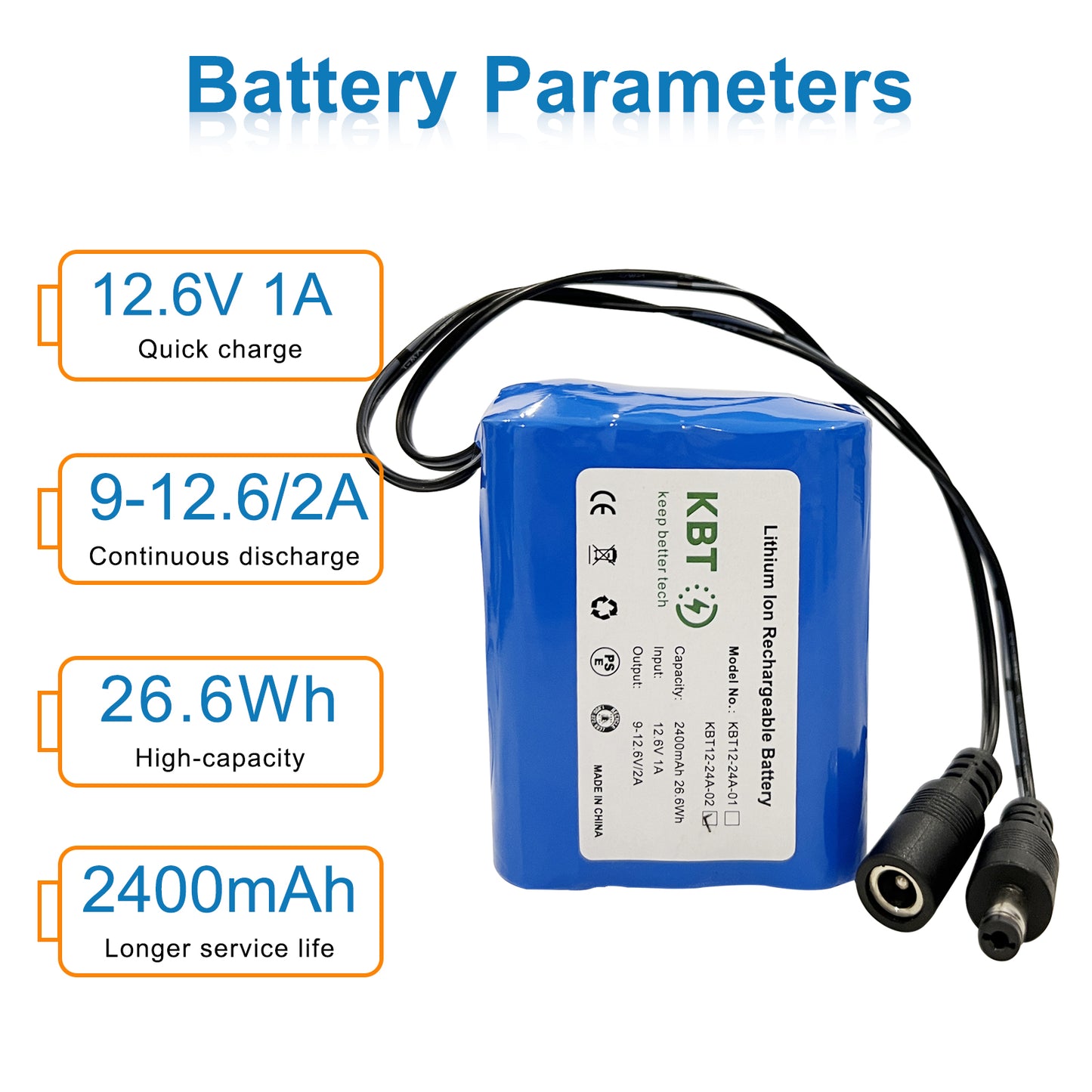 KBT 12V 2400mAh Rechargeable Li-ion Battery, DC5521 Male Connector, Replacement Battery Pack with Charger Compatible with 12V Device RC Car, Boat, Robot, DIY, LED Light Strip, CCTV Camera