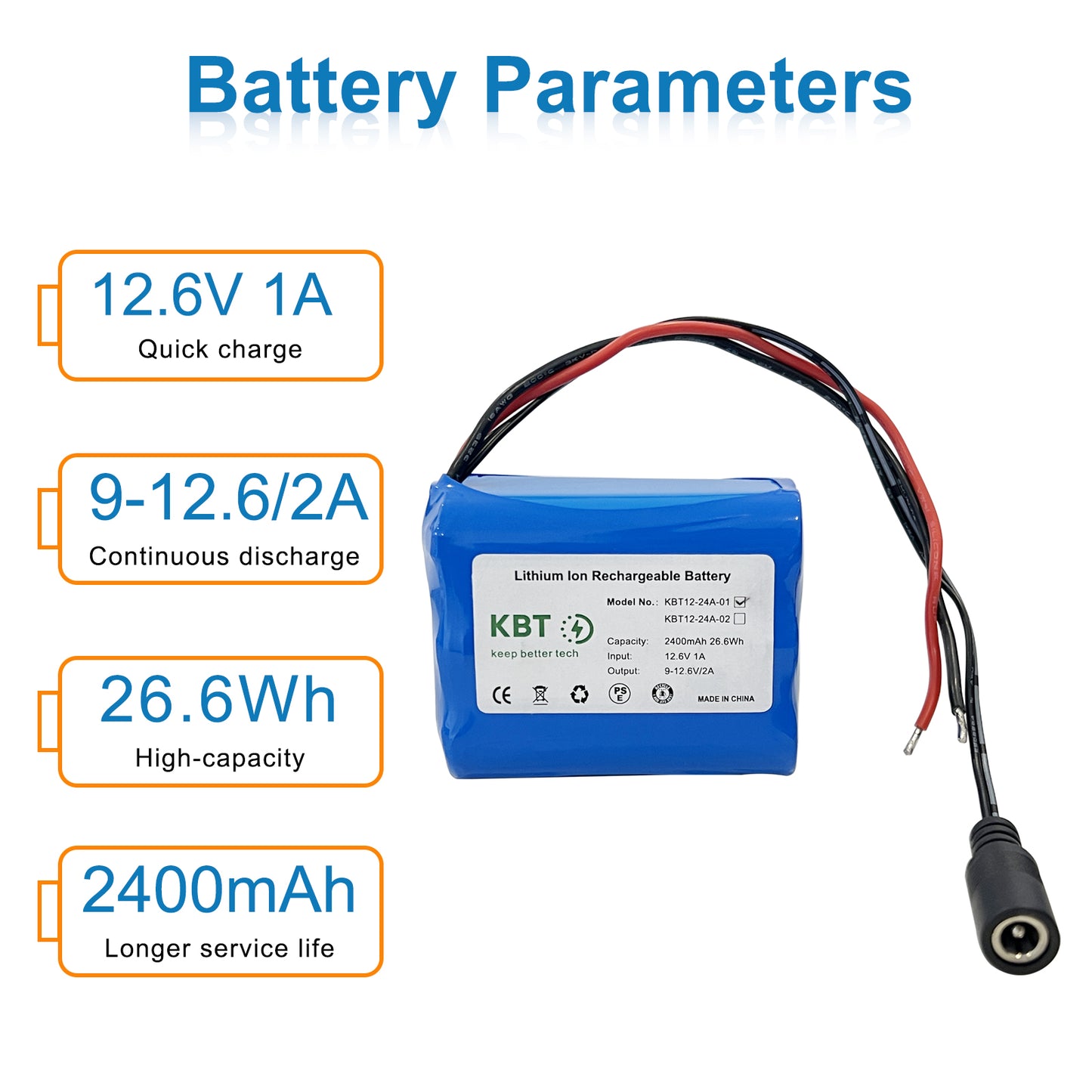 KBT 12V 2400mAh Rechargeable Li-ion Battery, Bare Leads Wire Replacement Battery Pack with Charger Compatible with 12V Devices RC Car, Boat, Robot, DIY, LED Light Strip, CCTV Camera