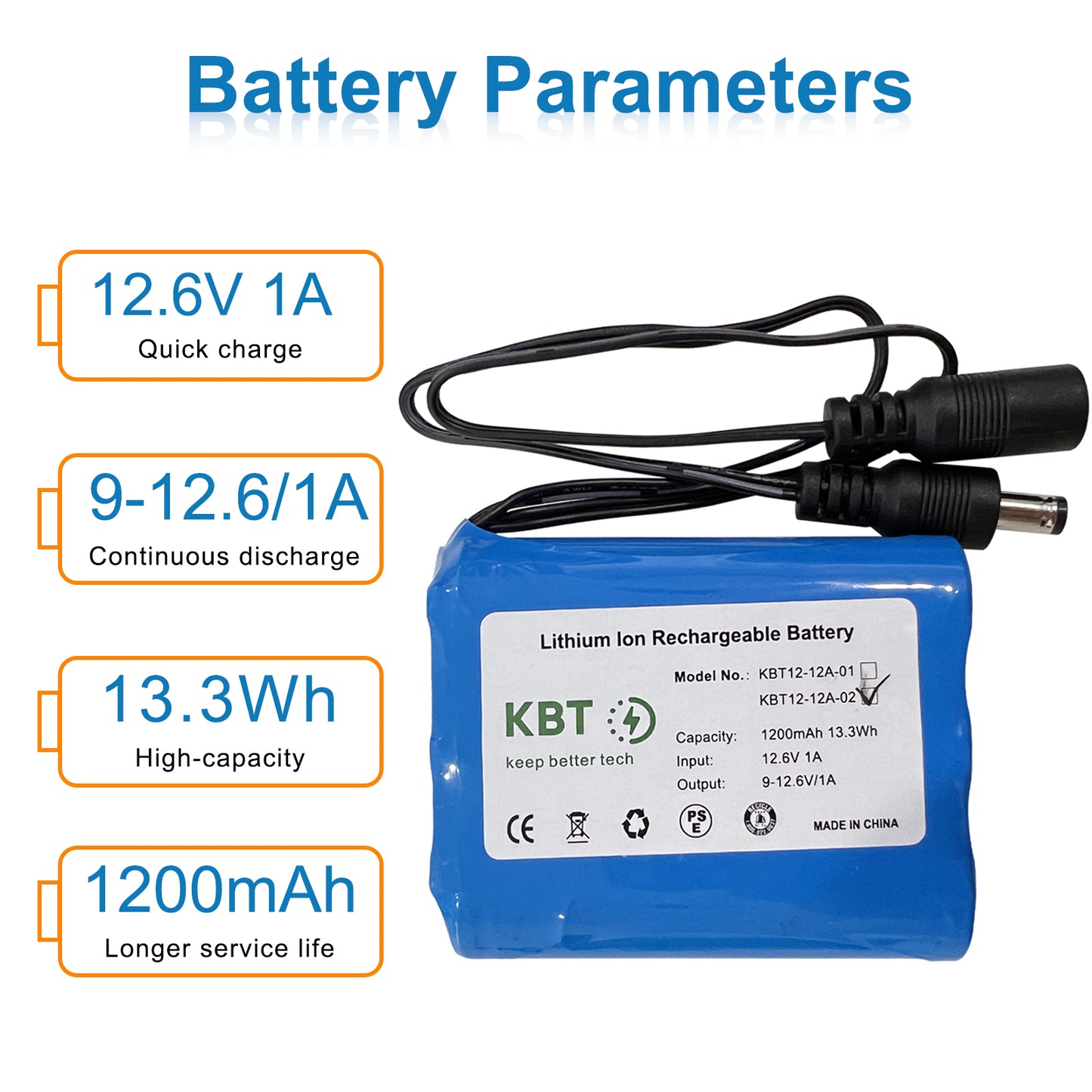 KBT 12V 1200mAh Rechargeable Li-ion Battery, 12 Volt DC5521 Male Connector, Replacement Battery Pack with Charger Compatible for 12V Devices RC Car, Boat, Robot, DIY, LED Light Strip, CCTV Camera