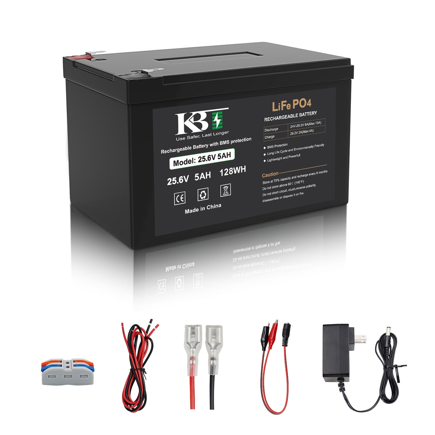 KBT 24V 5Ah Deep Cycle Rechargeable LiFePO4 Lithium Battery with 24V Charger, Charging Cable, Cable Connector for Ride on Car UTV Toys