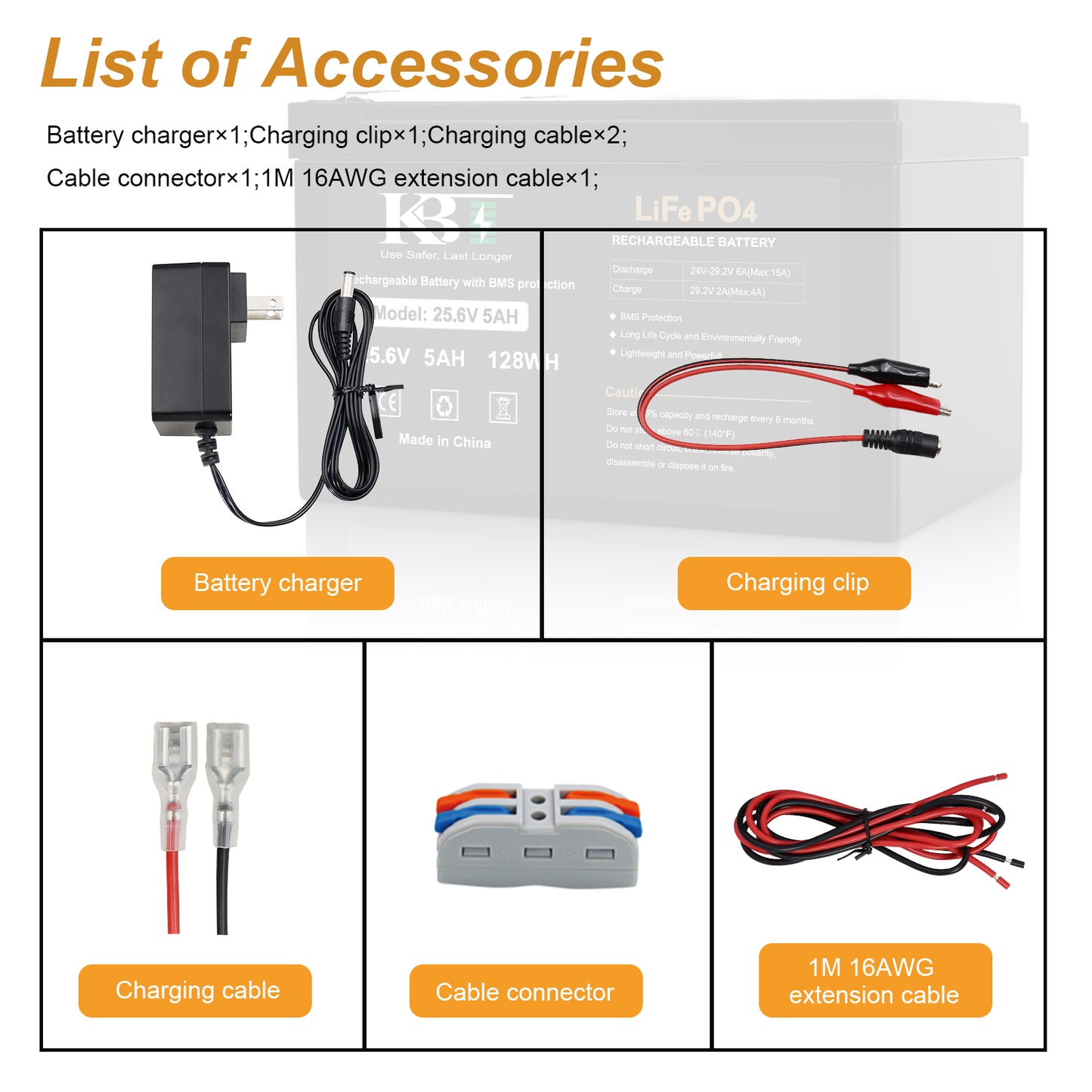 KBT 24V 5Ah Deep Cycle Rechargeable LiFePO4 Lithium Battery with 24V Charger, Charging Cable, Cable Connector for Ride on Car UTV Toys