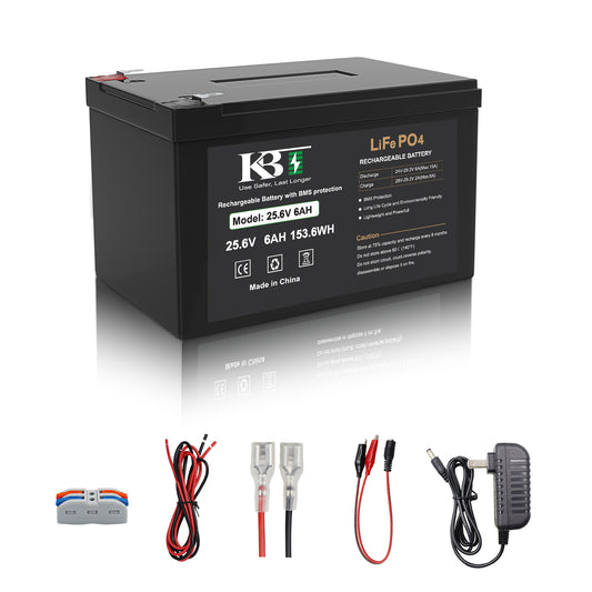 KBT 24V 6Ah Deep Cycle Rechargeable LiFePO4 Lithium Battery with 24V Charger, Charging Cable, Cable Connector