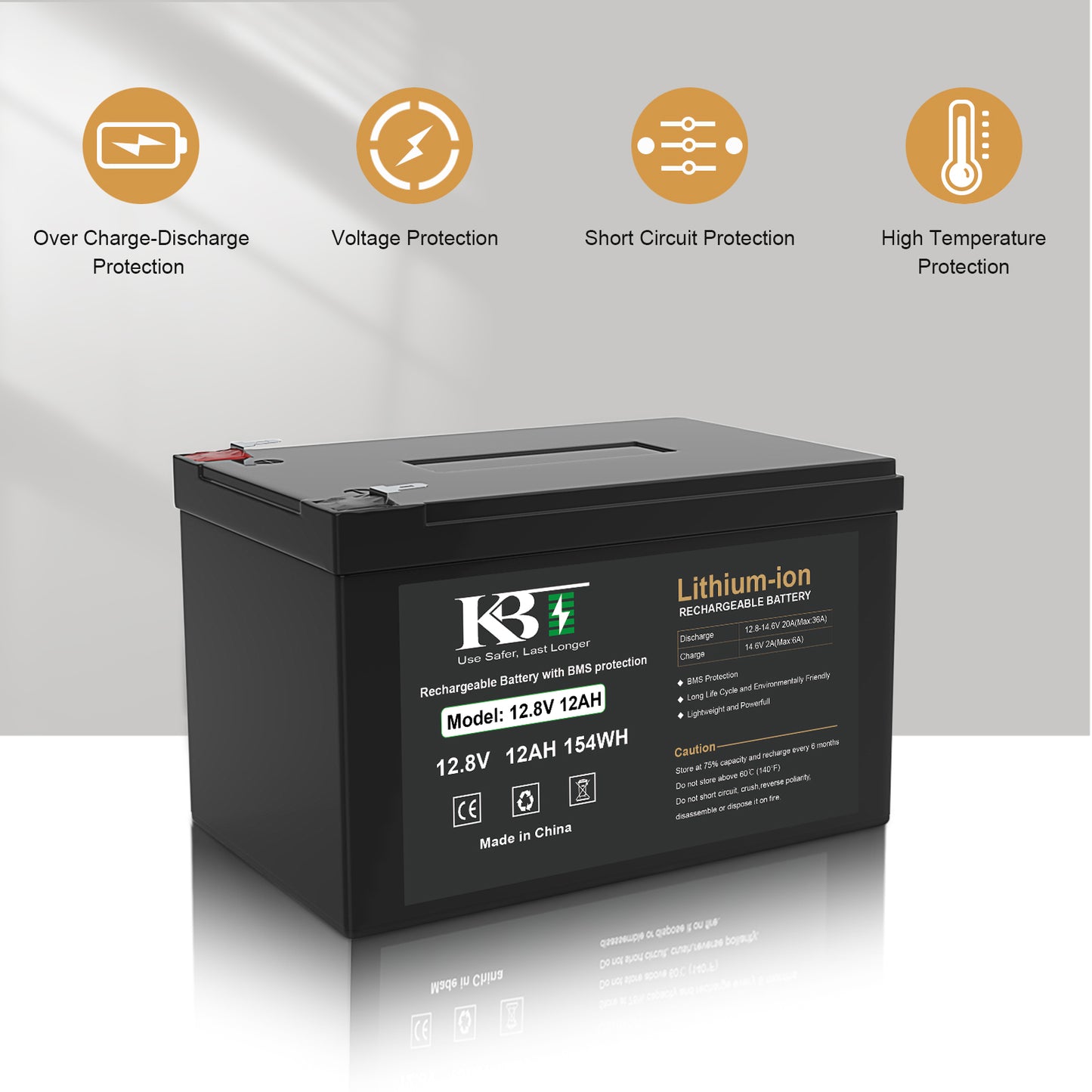 KBT 12V 12Ah Lithium LiFePO4 Battery, with 12V Fast Charger, Charging Cable for Small UPS, Powered Wheels, Ride On Car, Fish Finder, CCTV Camera, Built-in 10A BMS