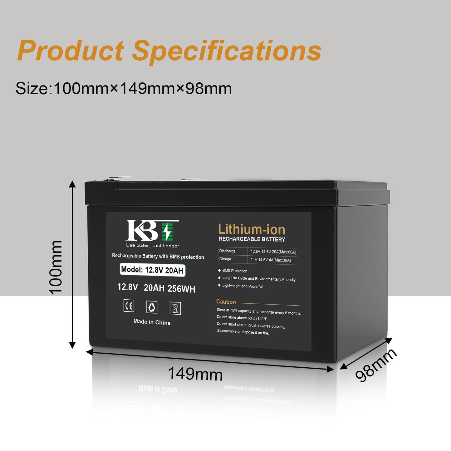 KBT 12V 15Ah Lithium LiFePO4 Battery, with 12V Charger, Charging Cable for Powered Wheels, Ride On Car, Fish Finder, CCTV Camera, Built-in 20A BMS