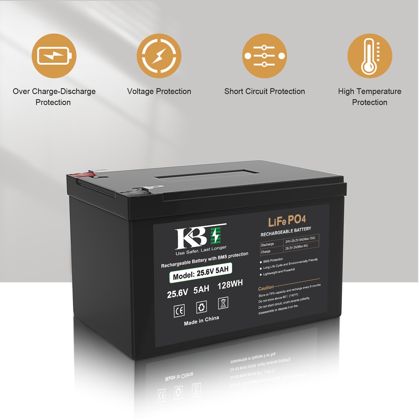 KBT 24V 5Ah Deep Cycle Rechargeable LiFePO4 Lithium Battery with 24V Charger, Charging Cable, Cable Connector for Ride on Car UTV Toys