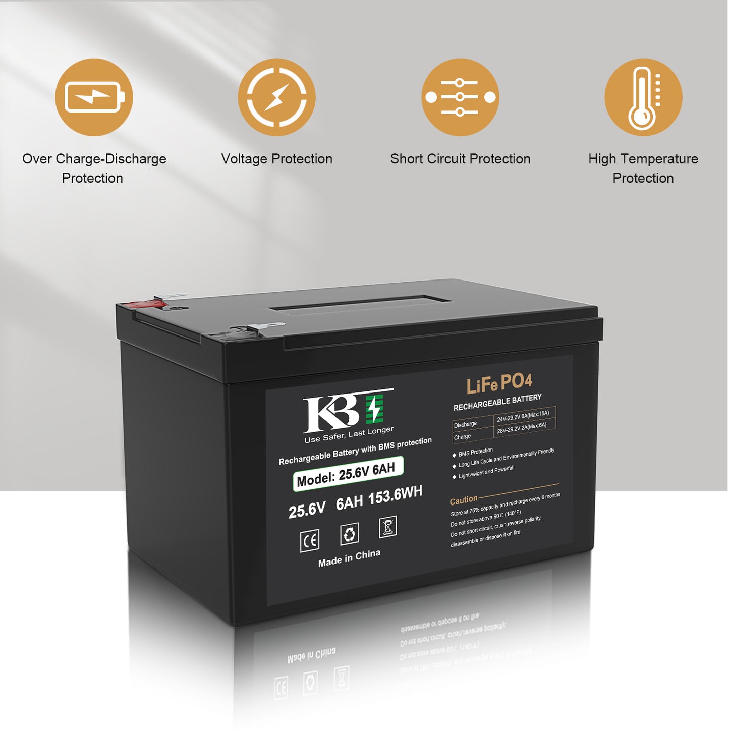 KBT 24V 6Ah Deep Cycle Rechargeable LiFePO4 Lithium Battery with 24V Charger, Charging Cable, Cable Connector