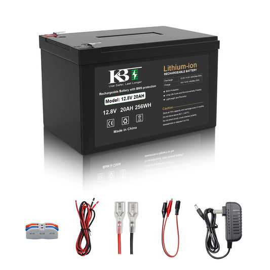 KBT 12V 20Ah Rechargeable LiFePO4 Lithium Battery, with 12V Charger, Charging Cable for Powered Wheels, Ride On Car, Fish Finder, CCTV Camera, Built-in 20A BMS