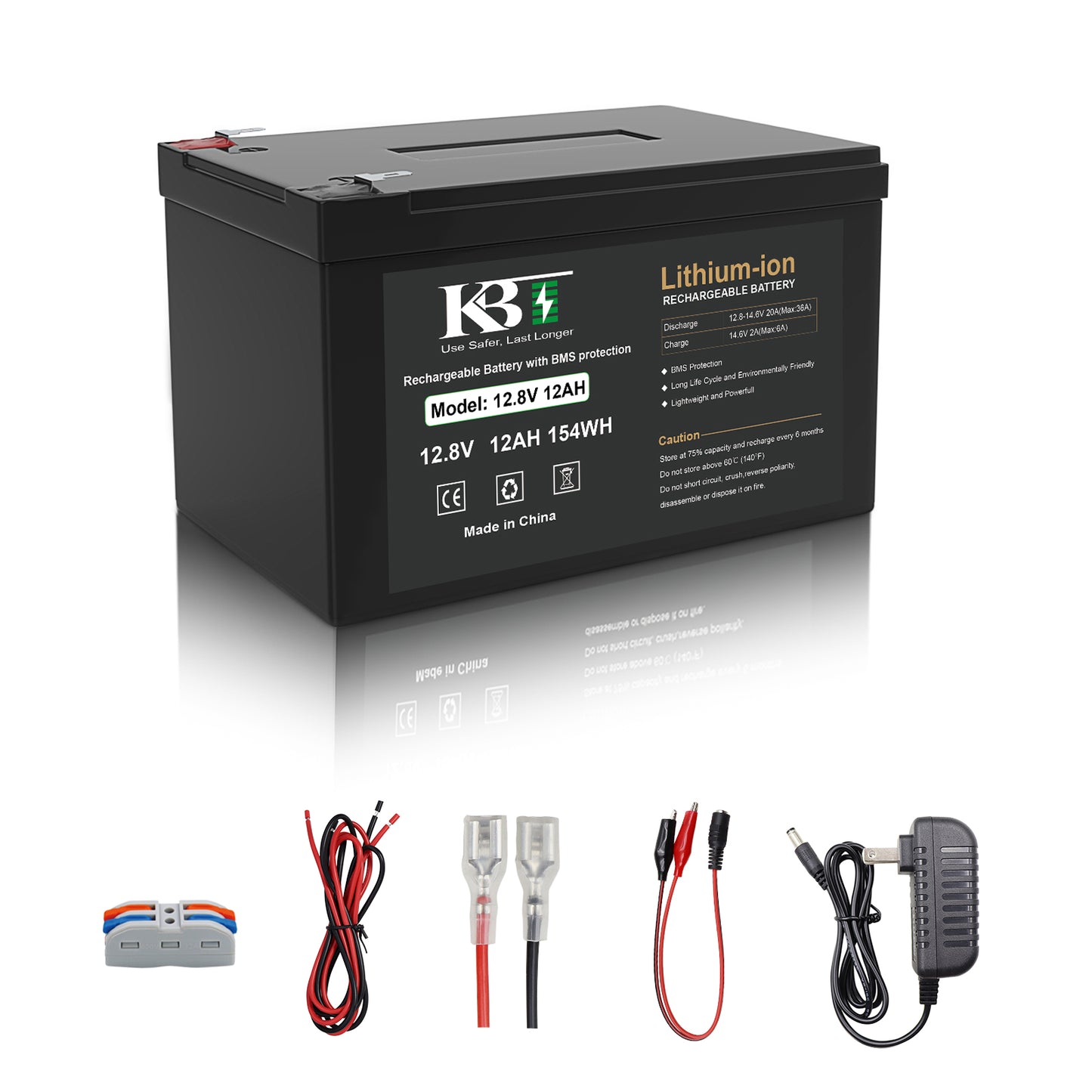 KBT 12V 12Ah Lithium LiFePO4 Battery, with 12V Fast Charger, Charging Cable for Small UPS, Powered Wheels, Ride On Car, Fish Finder, CCTV Camera, Built-in 10A BMS