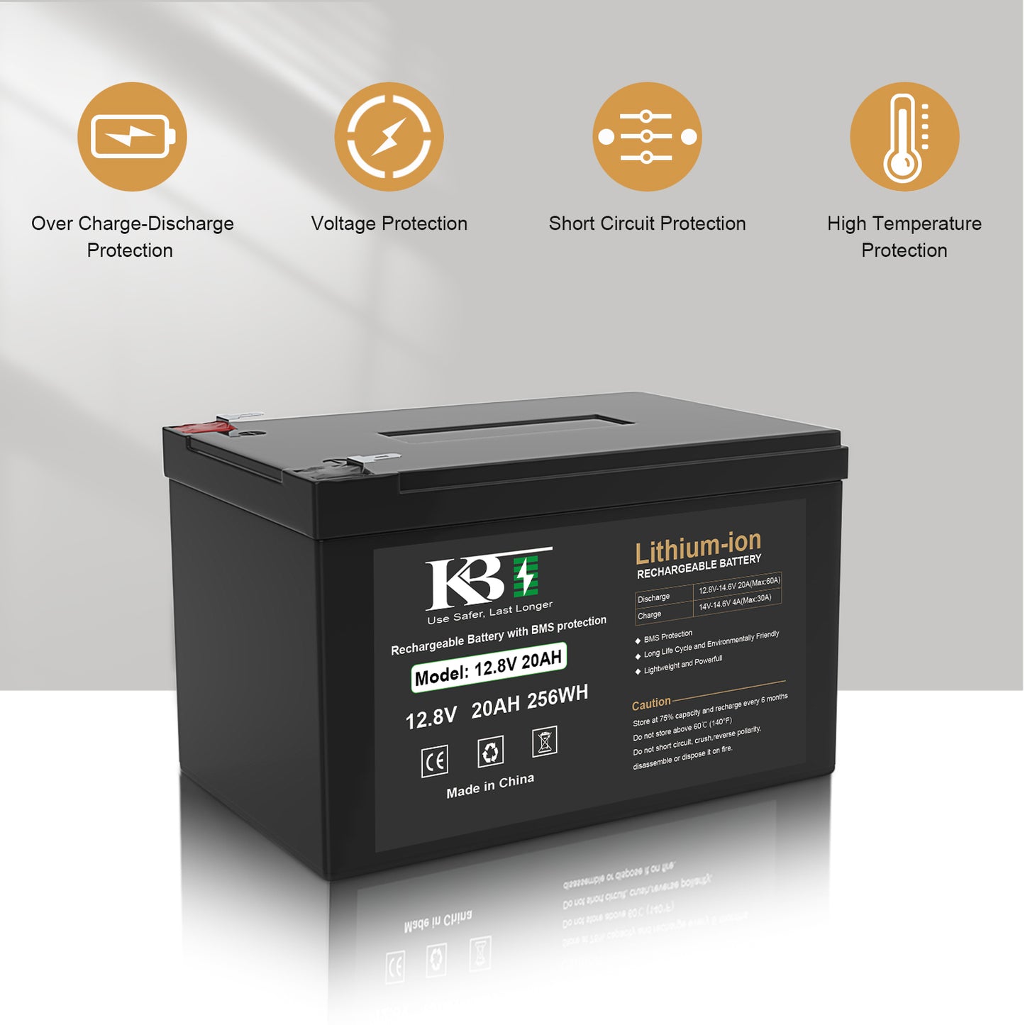 KBT 12V 15Ah Lithium LiFePO4 Battery, with 12V Charger, Charging Cable for Powered Wheels, Ride On Car, Fish Finder, CCTV Camera, Built-in 20A BMS