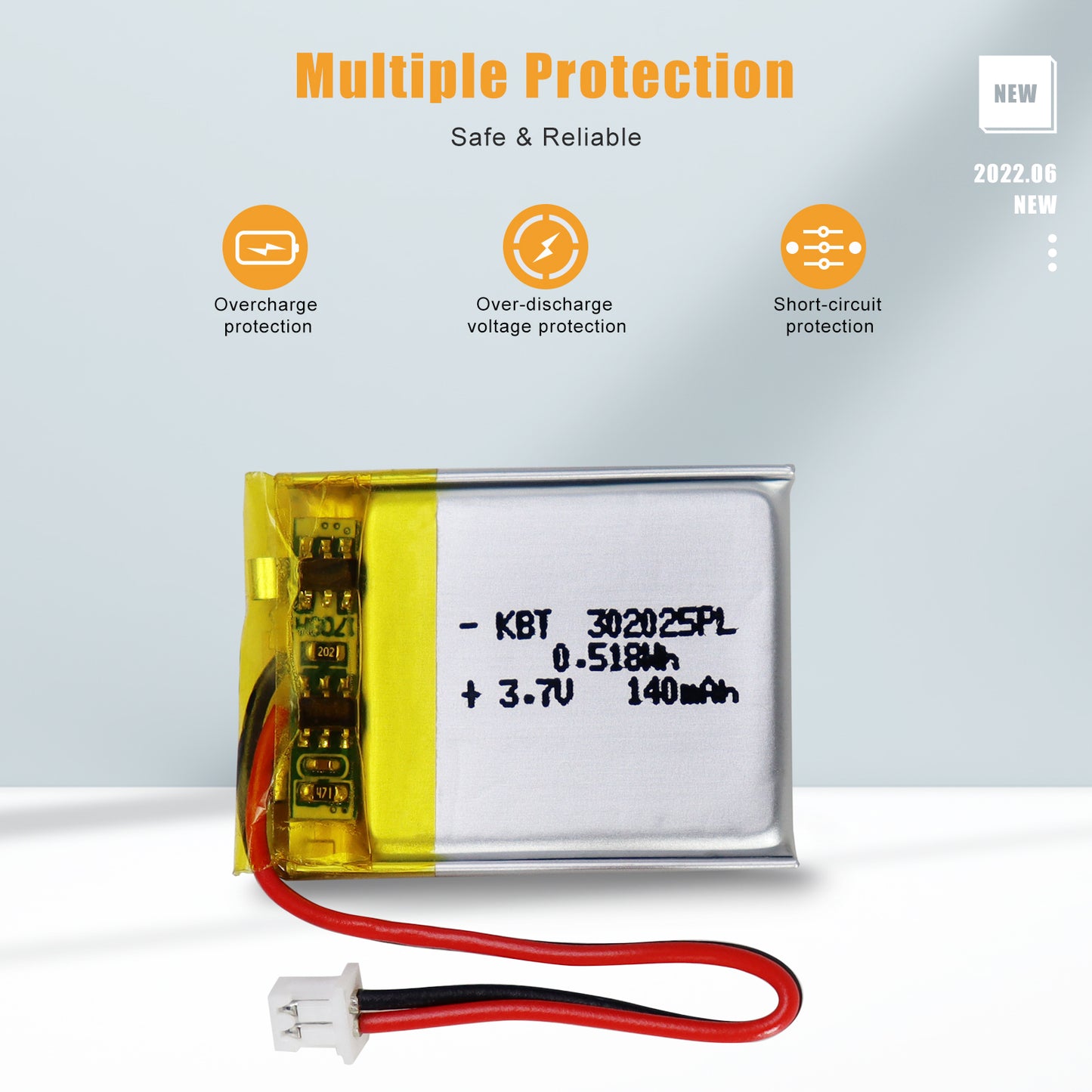 KBT 3.7V 140mAh Li-Polymer Battery:302025 Lipo Rechargeable Lithium-ion Replacement Batteries with PH1.25,PH1.25/2.0 JST Connector for Replacement