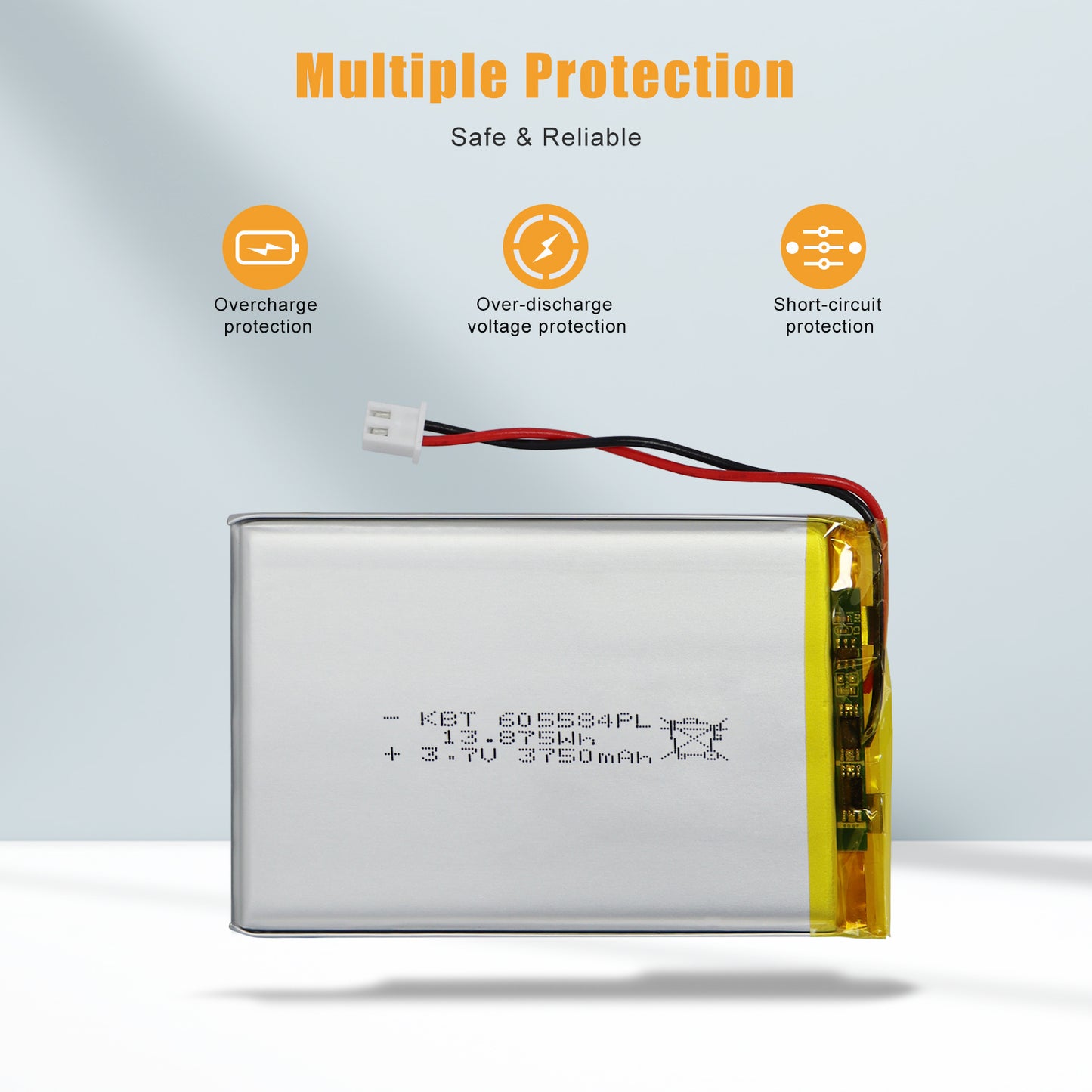 KBT 3.7V 3750mAh Li-Polymer Battery: 605584PL Lipo Rechargeable Lithium-ion Replacement Batteries with PH 2.0 JST Connector, PH 1.25/2.54 JST Connector for Replacement