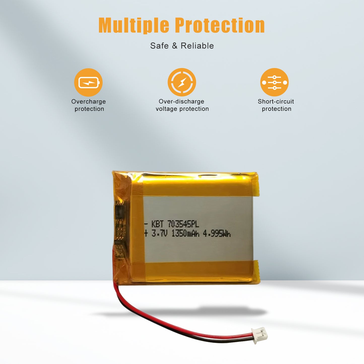 KBT 3.7V 1350mAh Li-Polymer Battery: 703545PL Lipo Rechargeable Lithium-ion Replacement Batteries with PH 1.25 JST Connector, PH 2.54/2.0 JST Connector for Replacement