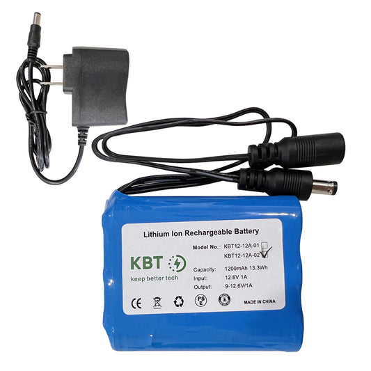 KBT 12V 1200mAh Rechargeable Li-ion Battery, 12 Volt DC5521 Male Connector, Replacement Battery Pack with Charger Compatible for 12V Devices RC Car, Boat, Robot, DIY, LED Light Strip, CCTV Camera
