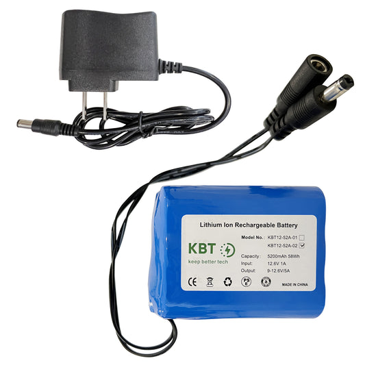 KBT 12V 5200mAh Rechargeable Li-ion Battery, DC5521 Male Connector, Replacement Battery Pack with Charger Compatible for 12V Device RC Car, Boat, Robot, DIY, LED Light Strip, CCTV Camera
