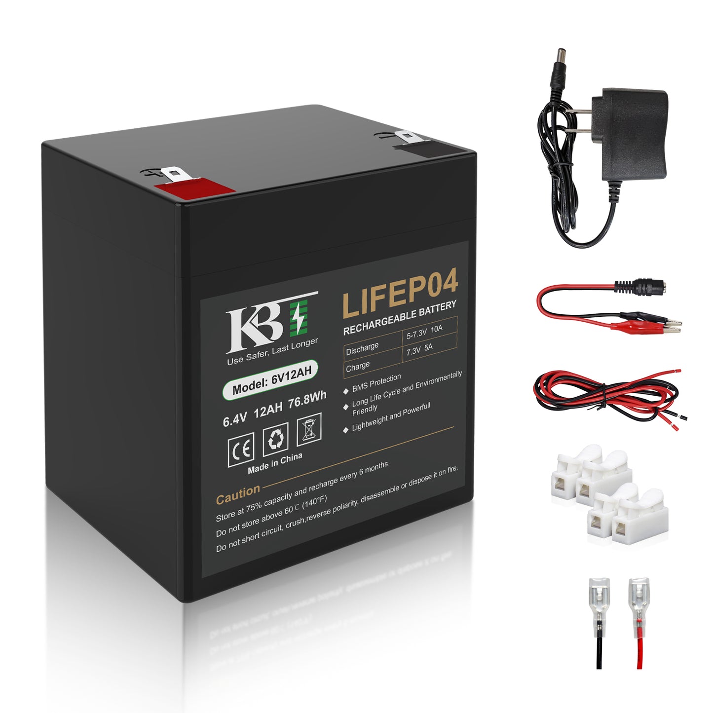 KBT 6V 12Ah Rechargeable LiFePO4 Lithium Replacement Battery, Long Lasting Life, with Charger, Charging Cable, Cable Connector, for Ride on Toys, Emergency Lights, Fencing, Electric Signs, Lanterns
