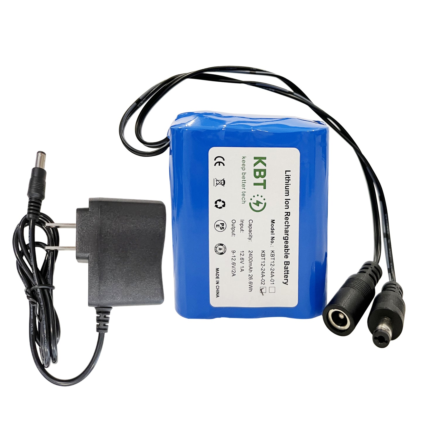 KBT 12V 2400mAh Rechargeable Li-ion Battery, DC5521 Male Connector, Replacement Battery Pack with Charger Compatible with 12V Device RC Car, Boat, Robot, DIY, LED Light Strip, CCTV Camera