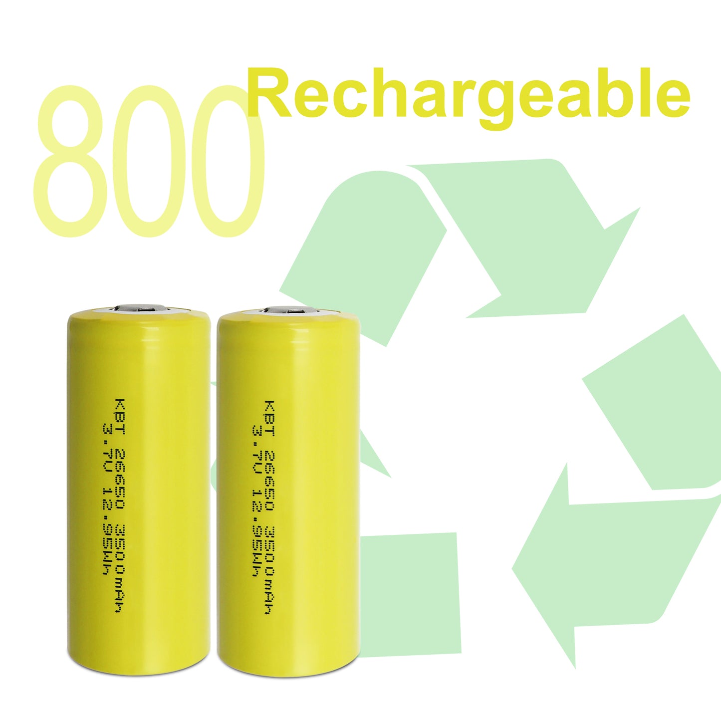 KBT 3.7V 3500mAh 26650 Rechargeable Battery, Flat Top - 2pack