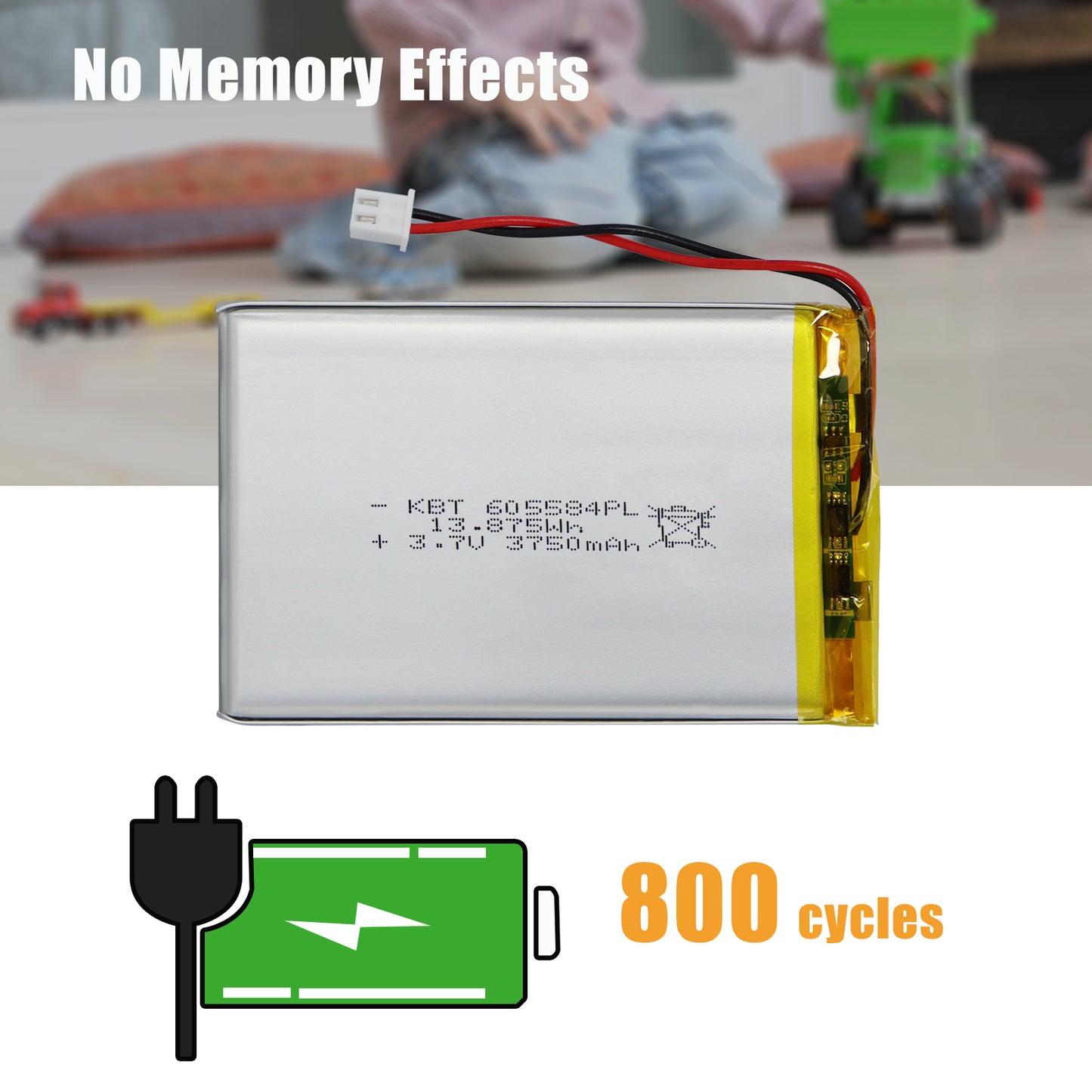 KBT 3.7V 3750mAh Li-Polymer Battery: 605584PL Lipo Rechargeable Lithium-ion Replacement Batteries with PH 2.0 JST Connector, PH 1.25/2.54 JST Connector for Replacement