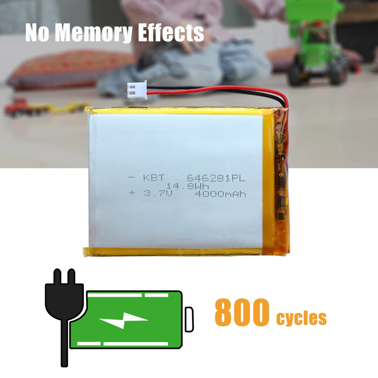 KBT 646281PL 3.7V 4000mAh Li-Polymer Rechargeable Battery with 2Pin 2.54 JST Connector