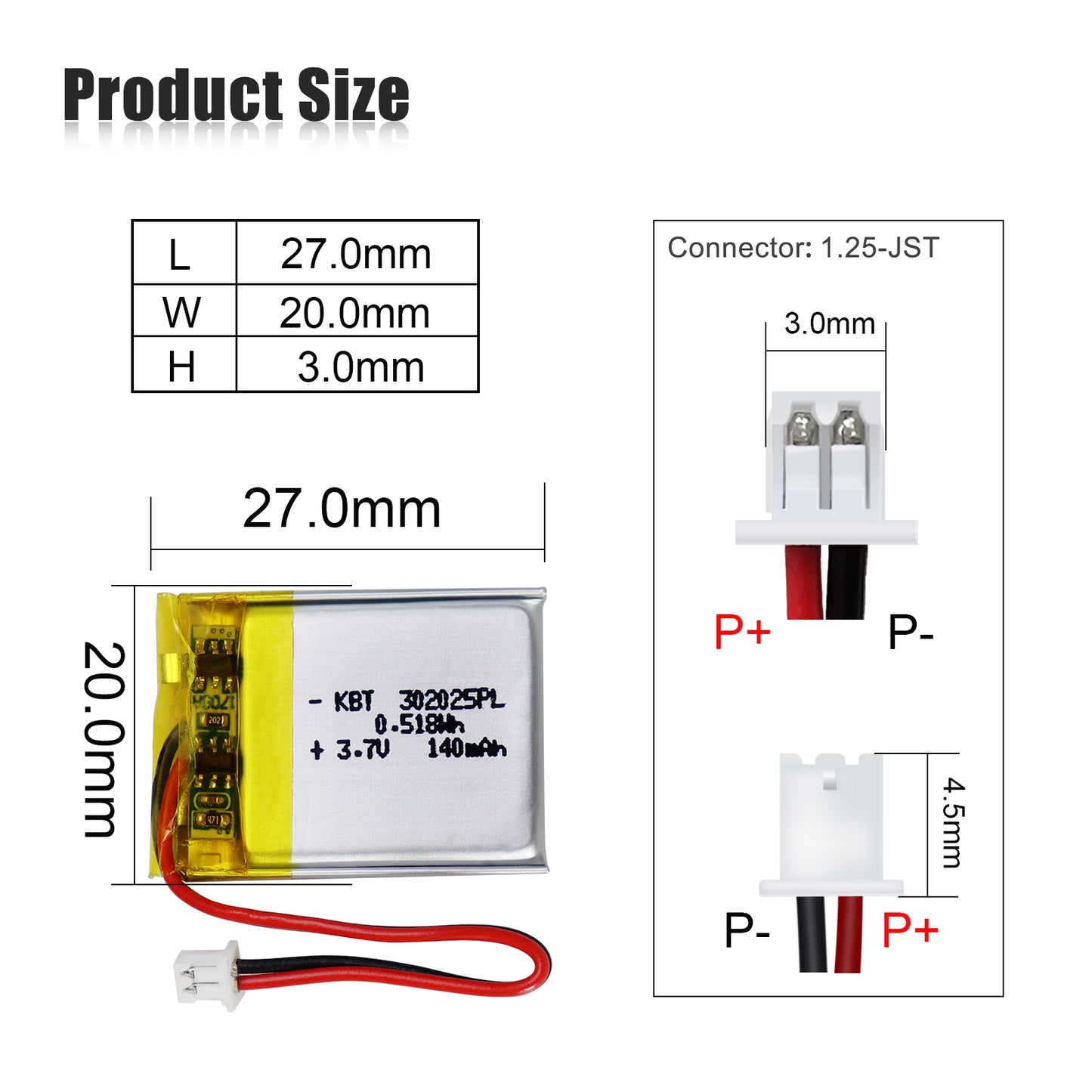 KBT 3.7V 140mAh Li-Polymer Battery:302025 Lipo Rechargeable Lithium-ion Replacement Batteries with PH1.25,PH1.25/2.0 JST Connector for Replacement