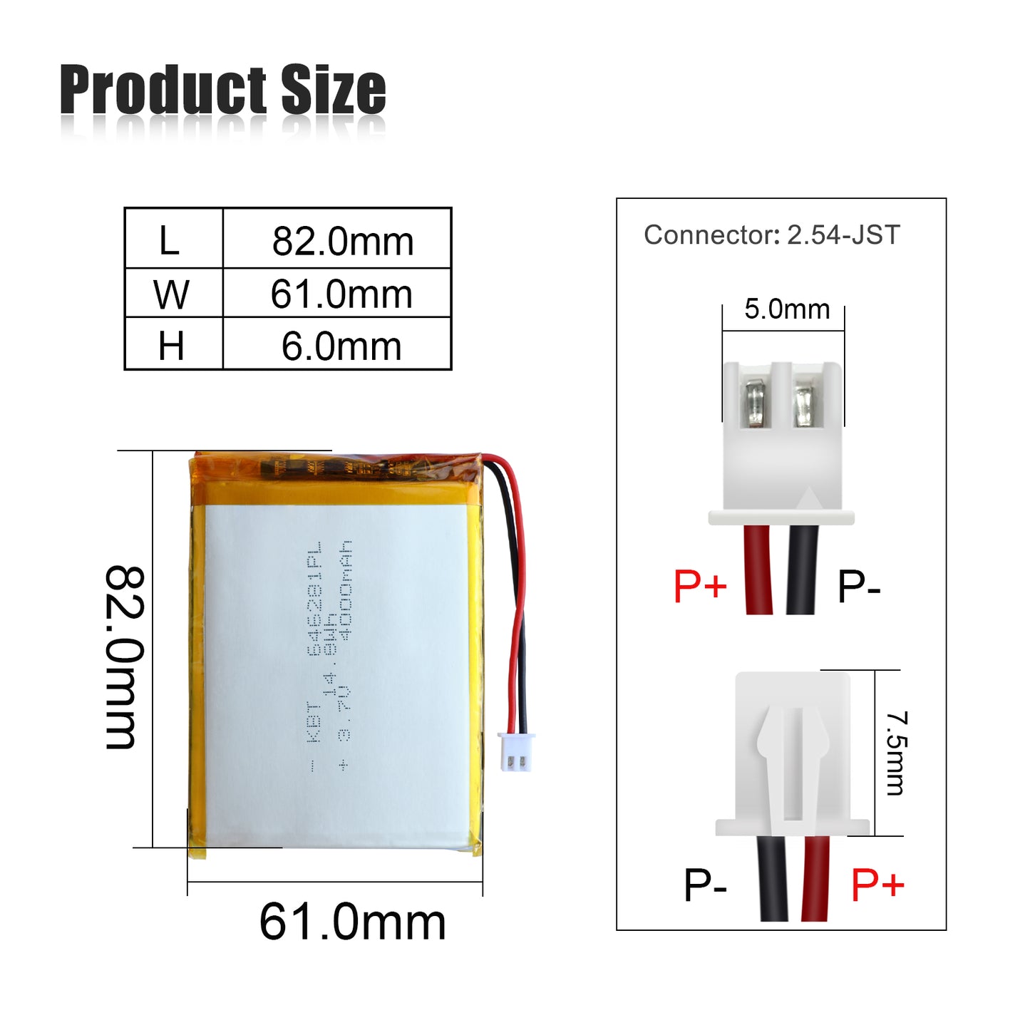 KBT 646281PL 3.7V 4000mAh Li-Polymer Rechargeable Battery with 2Pin 2.54 JST Connector