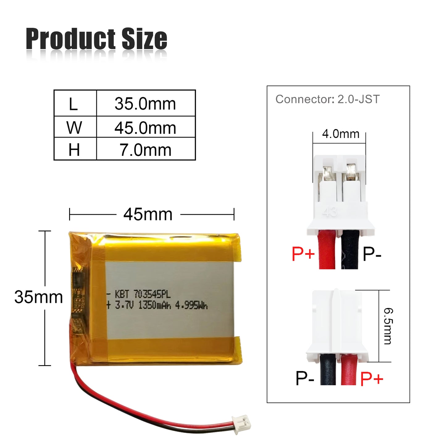 KBT 3.7V 1350mAh Li-Polymer Battery: 703545PL Lipo Rechargeable Lithium-ion Replacement Batteries with PH 1.25 JST Connector, PH 2.54/2.0 JST Connector for Replacement
