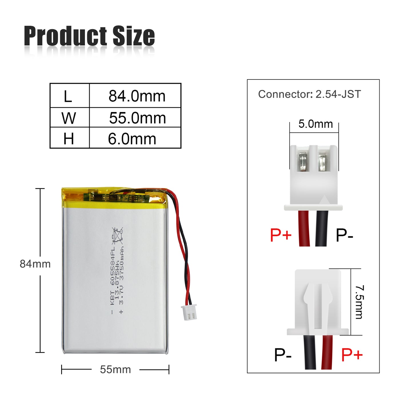 KBT 3.7V 3750mAh Li-Polymer Battery: 605584PL Lipo Rechargeable Lithium-ion Replacement Batteries with PH 2.0 JST Connector, PH 1.25/2.54 JST Connector for Replacement