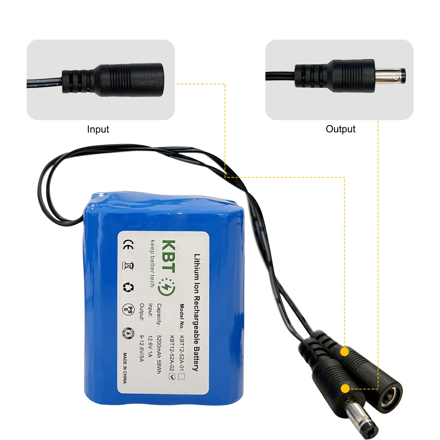 KBT 12V 5200mAh Rechargeable Li-ion Battery, DC5521 Male Connector, Replacement Battery Pack with Charger Compatible for 12V Device RC Car, Boat, Robot, DIY, LED Light Strip, CCTV Camera