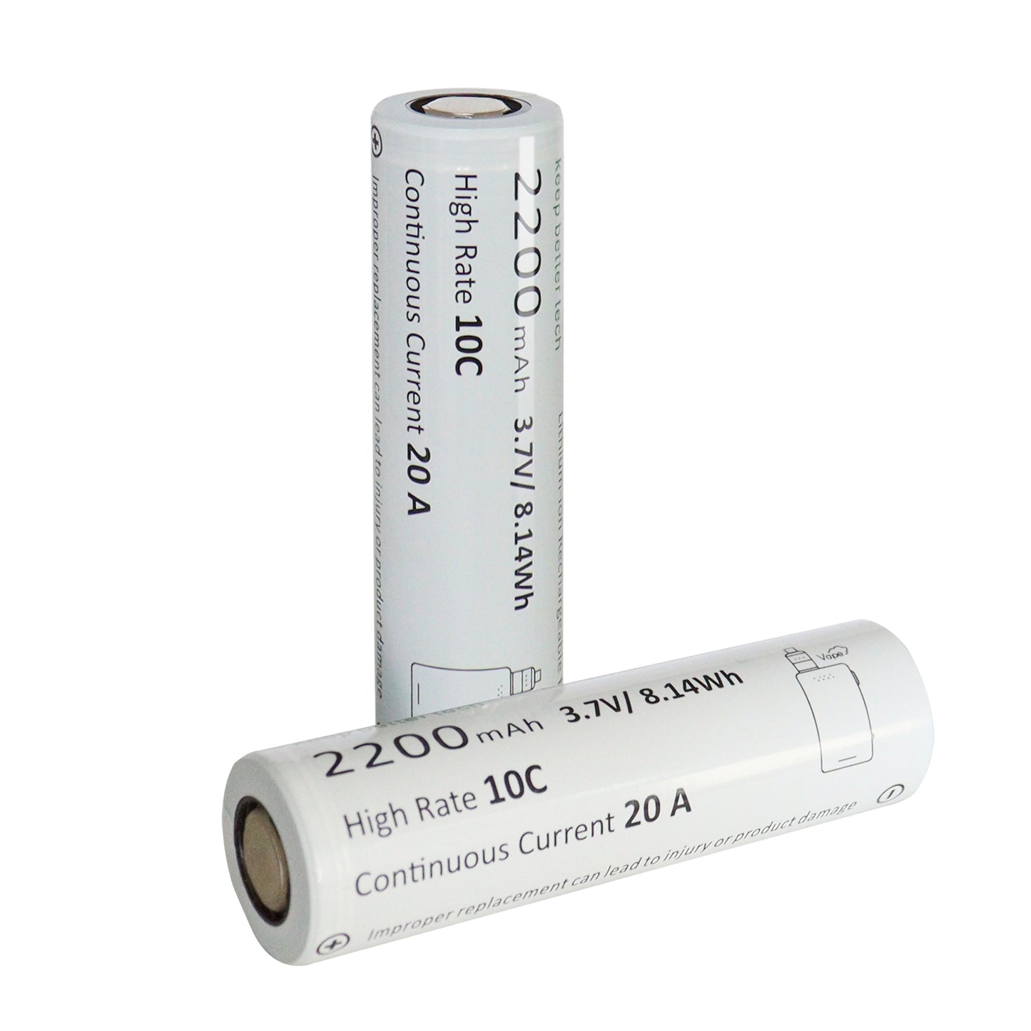 KBT 18650 Rechargeable Battery,  3.7V 2200mAh 10C Max 20A, for Vape Smoking, Flat Top - 2pack