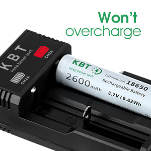 KBT 3.7V 2600mAh 18650 Rechargeable Battery with 2 Slot Charger, Button Top - 2pack