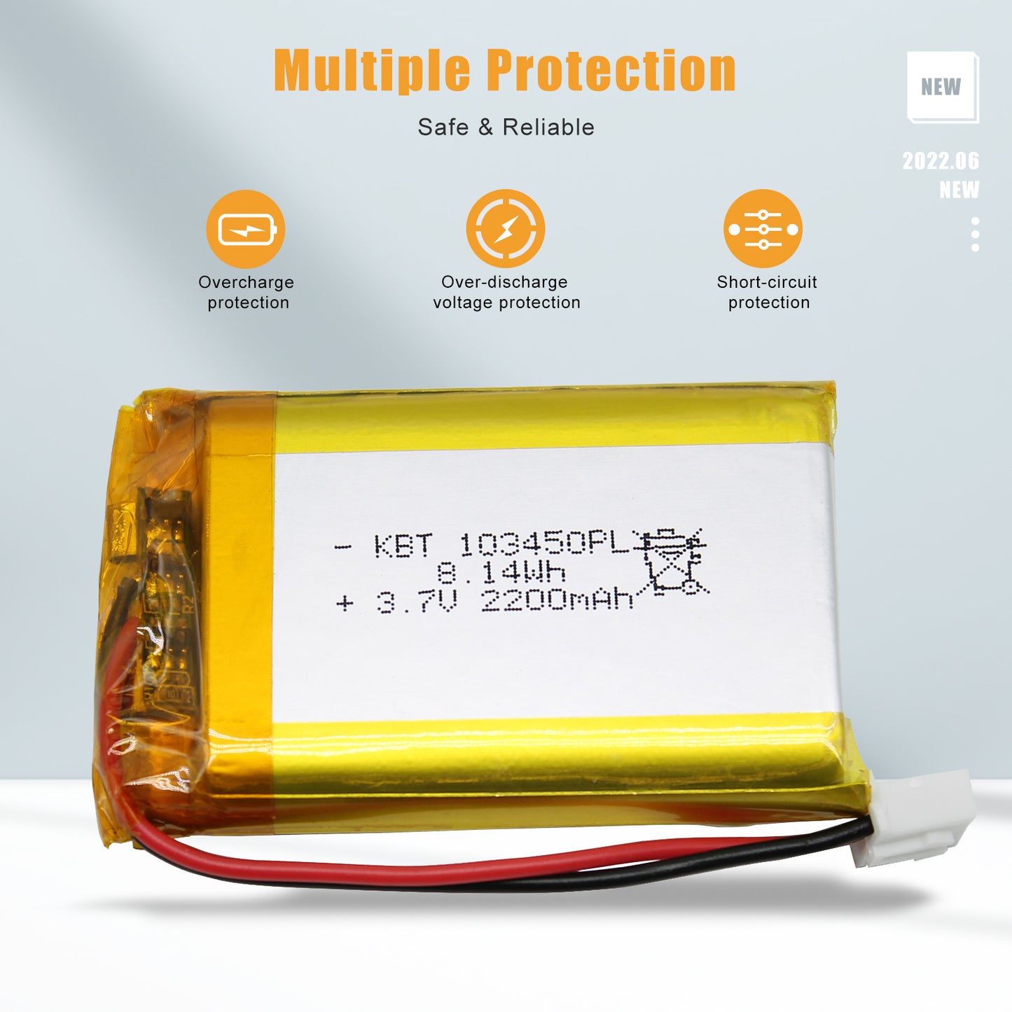KBT 103450PL 3.7V 2200mAh Li-Polymer Rechargeable Battery with 2Pin 2.54 JST Connector