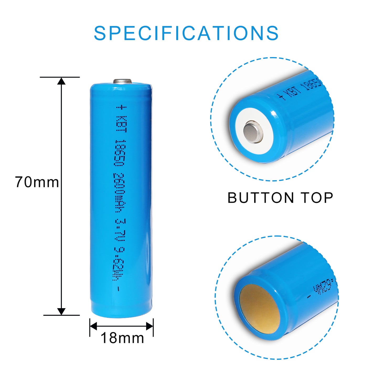 KBT Protected 18650 Rechargeable Battery, 3.7V 2600mAh, Button Top, with Protection PCB - 2pack