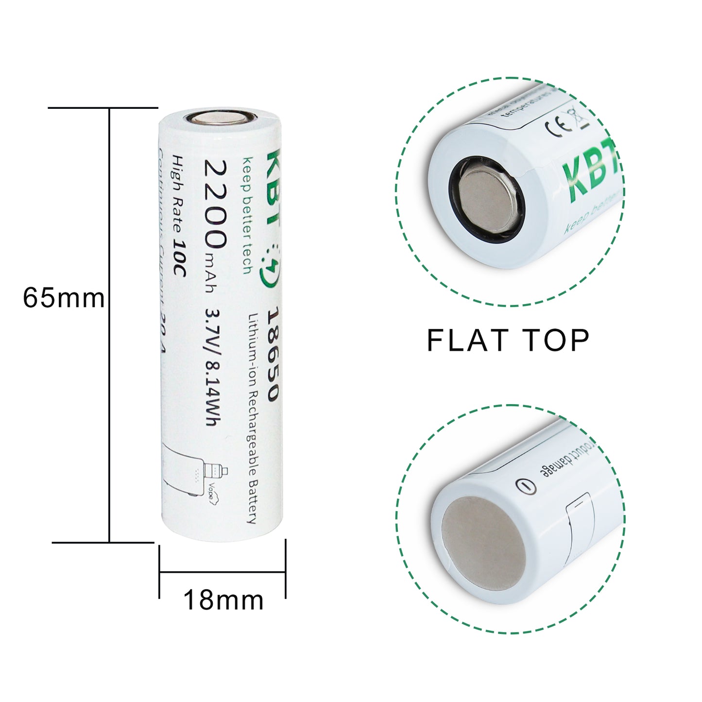 KBT 18650 Rechargeable Battery,  3.7V 2200mAh 10C Max 20A, for Vape Smoking, Flat Top - 2pack