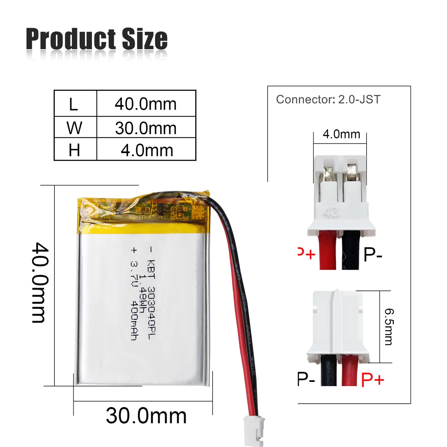 KBT 303040PL 3.7V 400mAh Li-Polymer Rechargeable Battery with 2Pin 2.0 JST Connector