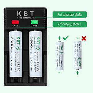 KBT 3.7V 2600mAh 18650 Rechargeable Battery with 2 Slot Charger, Button Top - 2pack