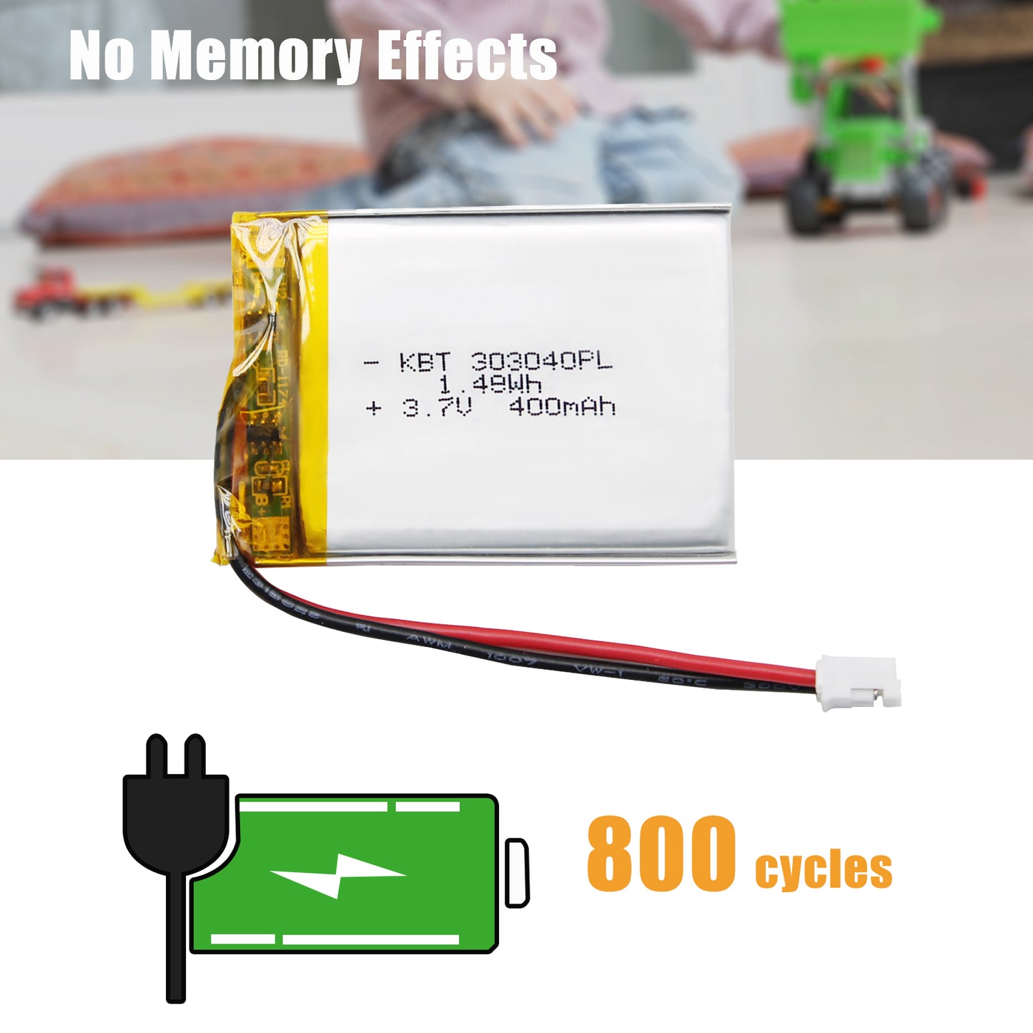 KBT 303040PL 3.7V 400mAh Li-Polymer Rechargeable Battery with 2Pin 2.0 JST Connector