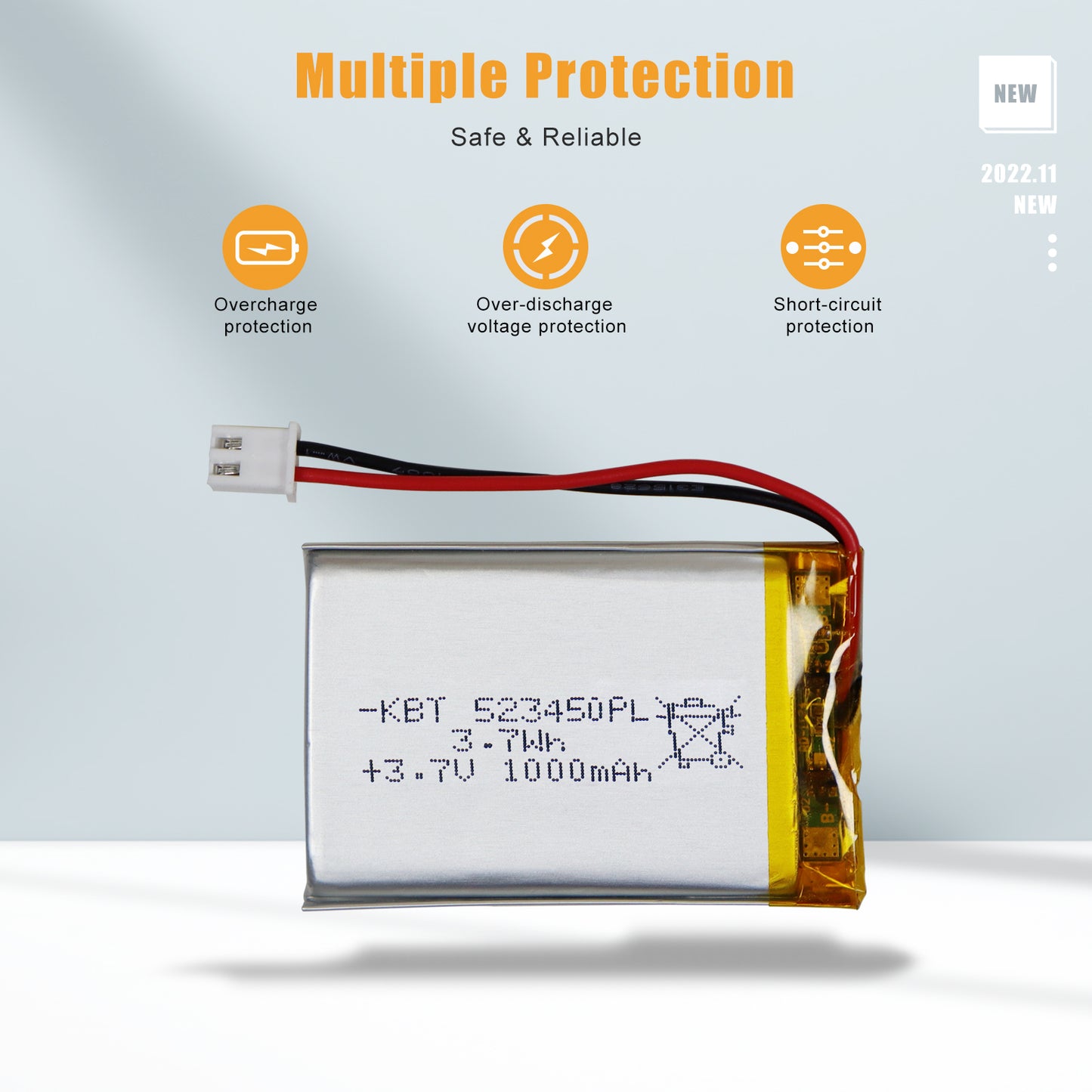 KBT 523450PL 3.7V 1000mAh Li-Polymer Rechargeable Battery with 2Pin 2.54 JST Connector