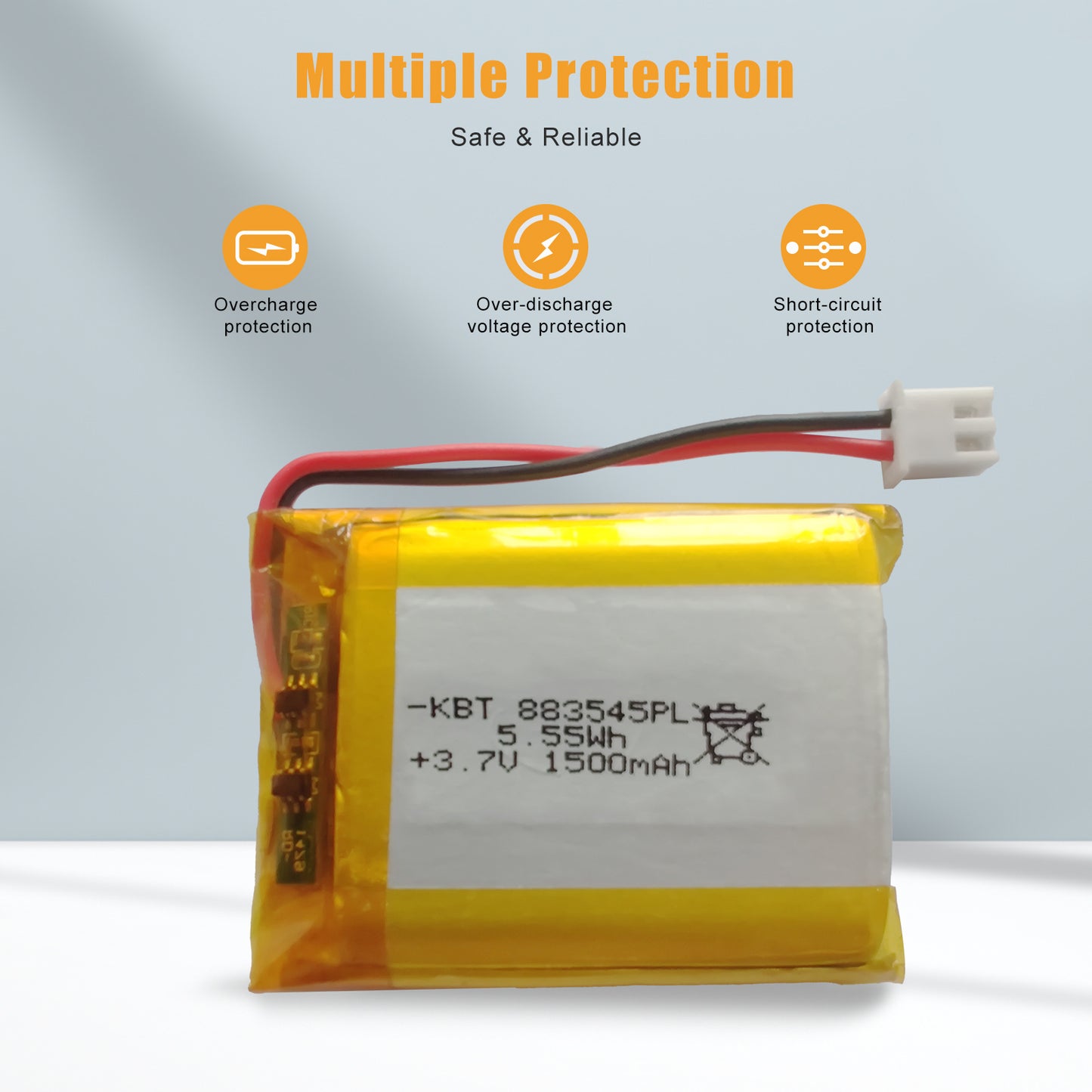 KBT 883545PL 3.7V 1500mAh Li-Polymer Rechargeable Battery with 2Pin 2.54 JST Connector