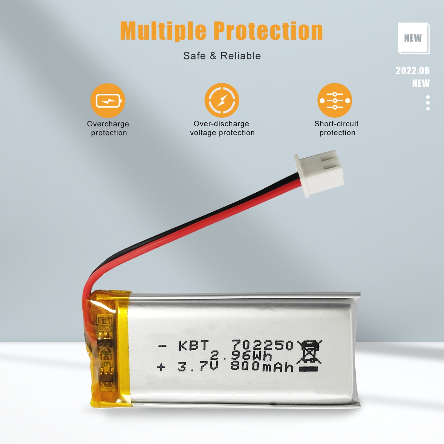KBT 702250PL 3.7V 800mAh Li-Polymer Rechargeable Battery with 2Pin 2.54 JST Connector
