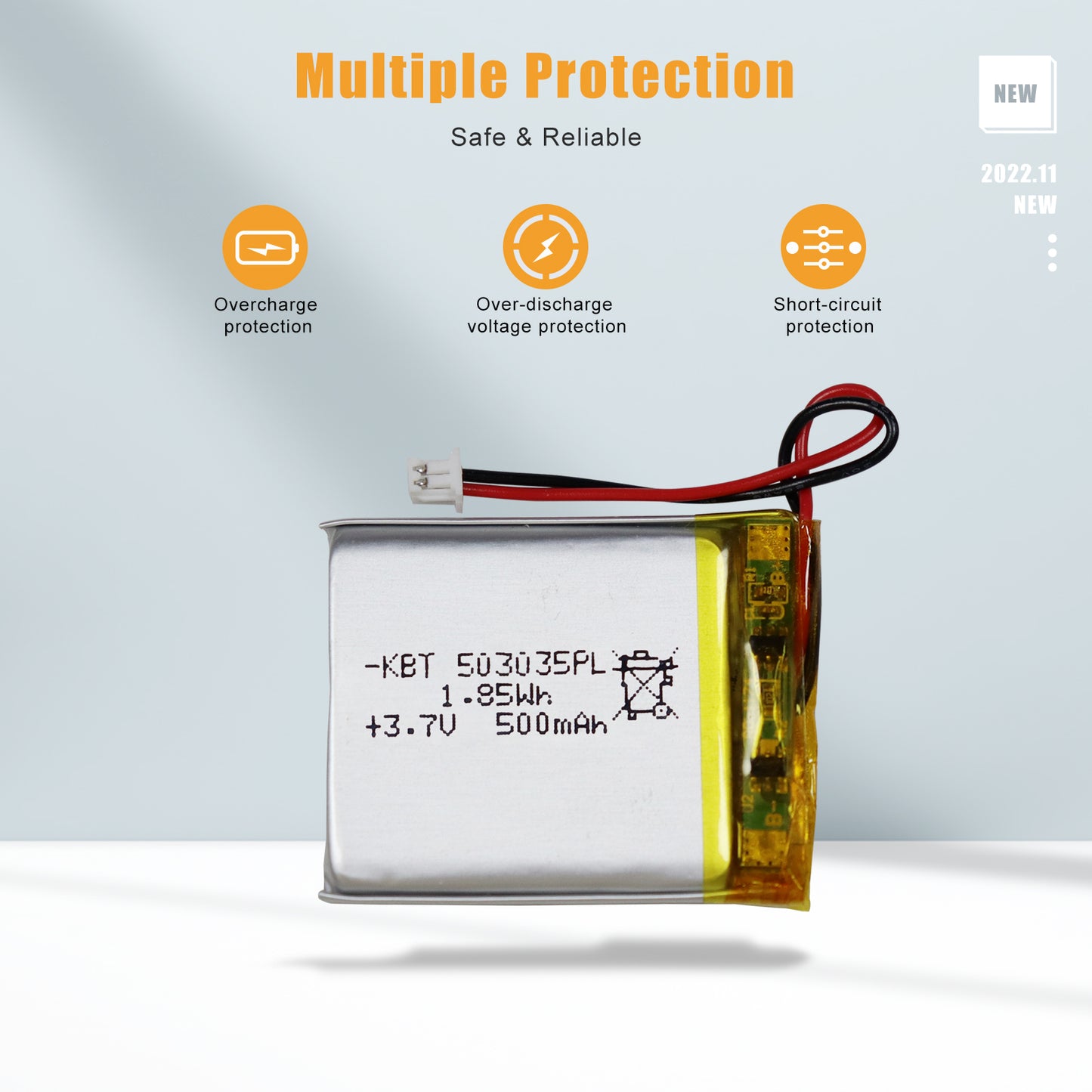 KBT 503035PL 3.7V 500mAh Li-Polymer Rechargeable Battery with 2Pin 1.25 JST Connector