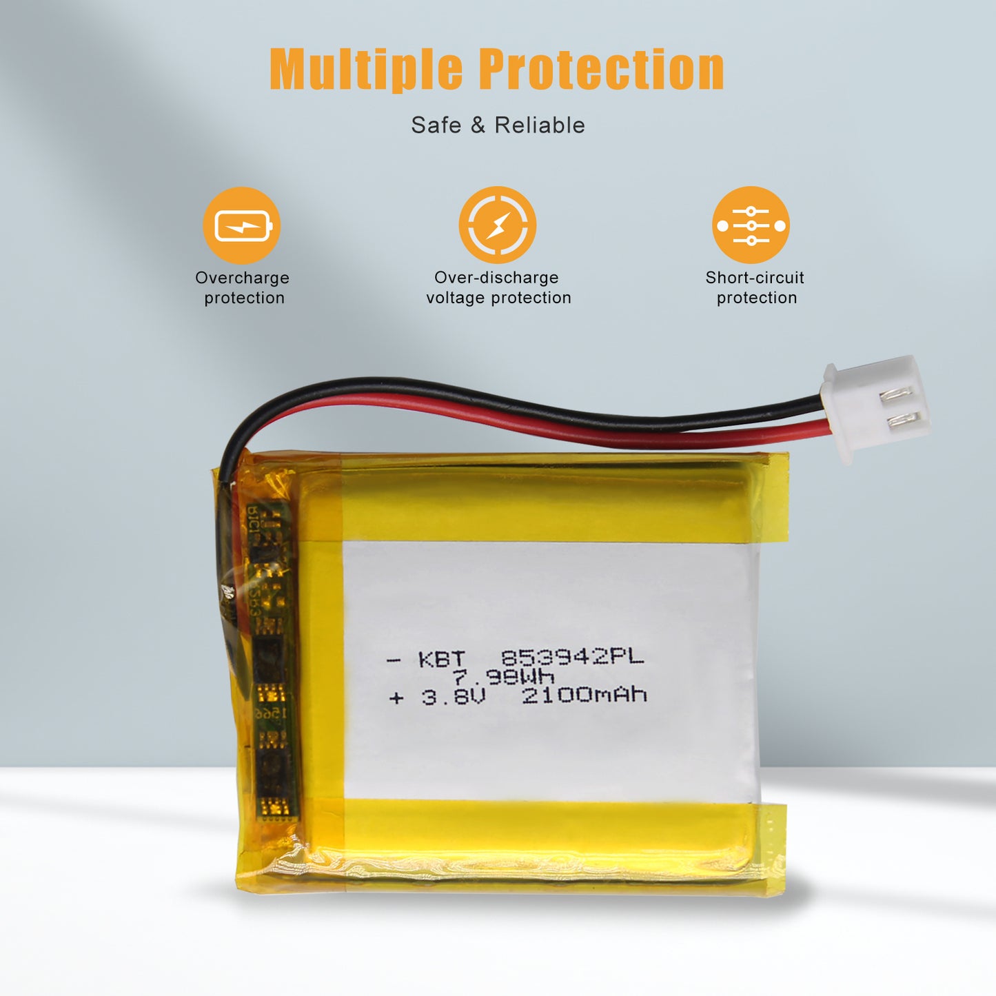 KBT 853942PL 3.7V 2100mAh Li-Polymer Rechargeable Battery with 2Pin 2.54 JST Connector