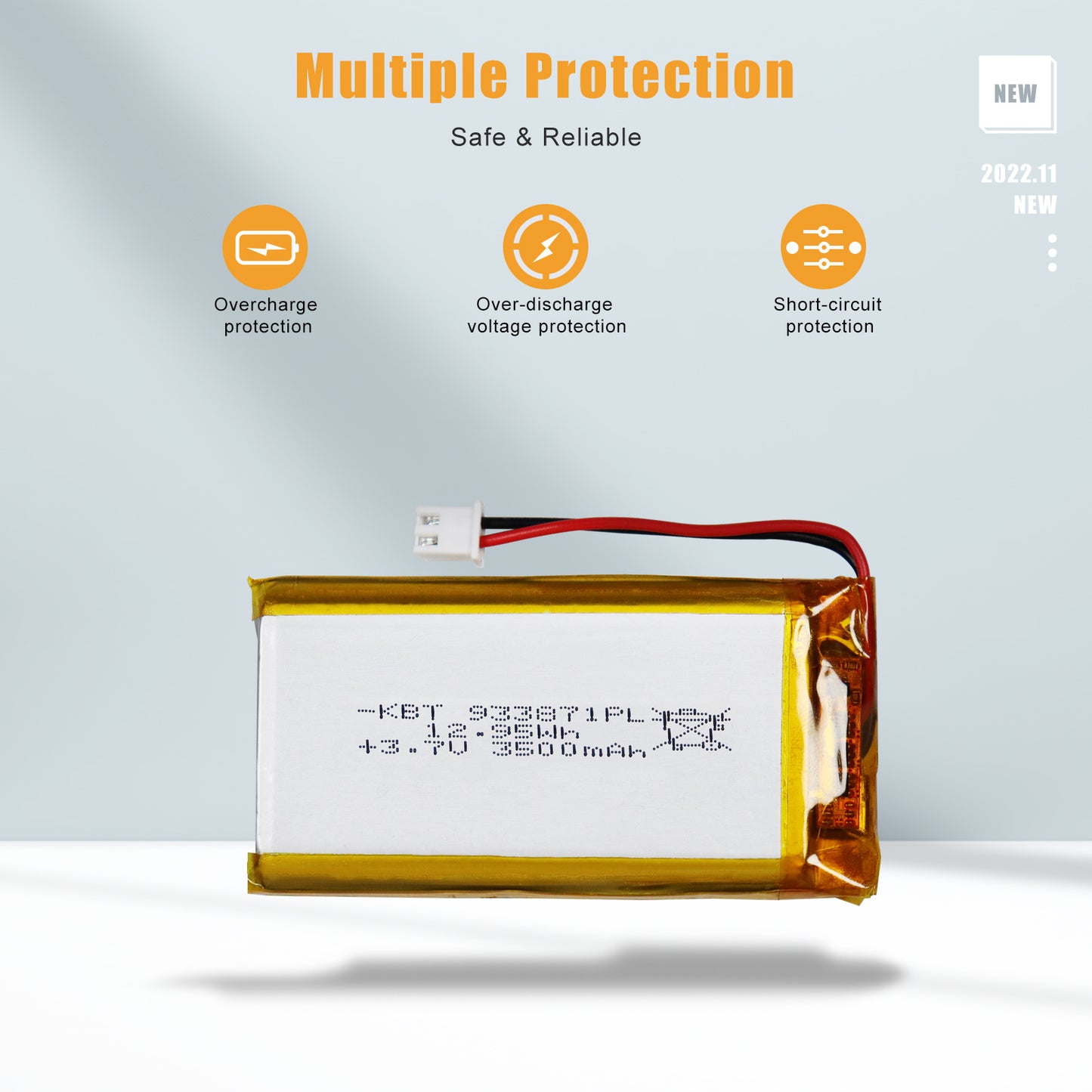 KBT 933871PL 3.7V 3500mAh Li-Polymer Rechargeable Battery with 2Pin 2.54 JST Connector